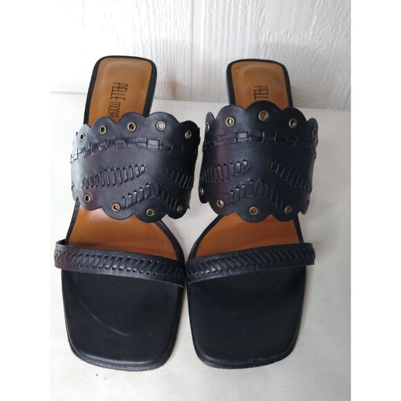 Pelle Moda Sandals Women's Sz 8 Black Open Toe Shoes Strappy Chunky Heel Grommet - Picture 2 of 8